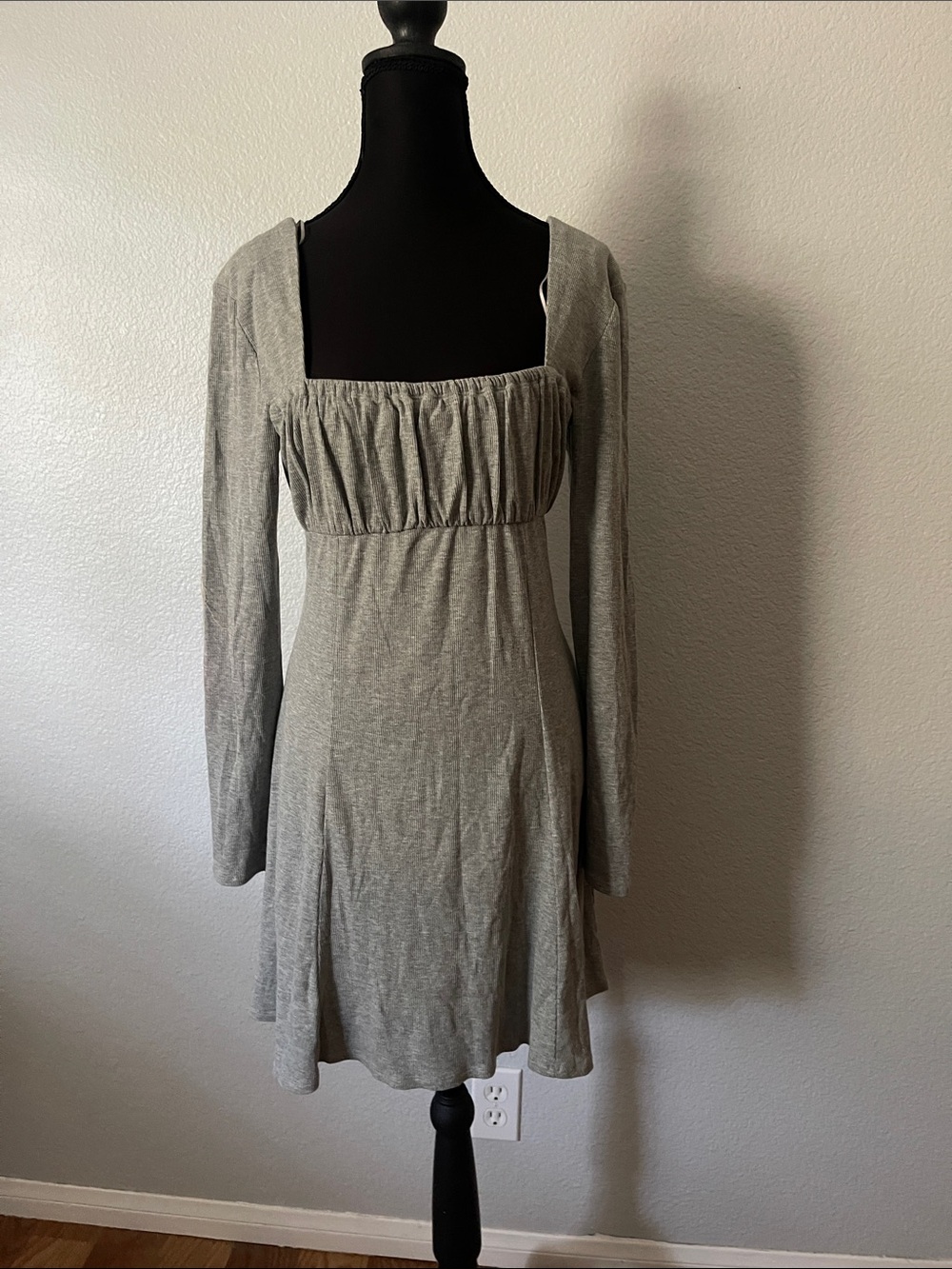 Square Neck Long Sleeve Grey Dress